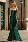 Sparkly Dark Green Corset Mermaid Beaded Long Prom Dress with Slit
