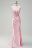 Load image into Gallery viewer, Sequins Light Pink Mermaid Ruched Corset Prom Dress with Slit