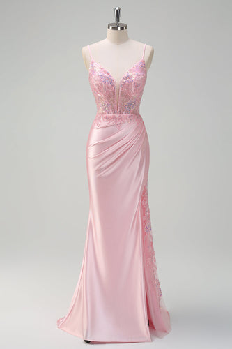 Sequins Light Pink Mermaid Ruched Corset Prom Dress with Slit