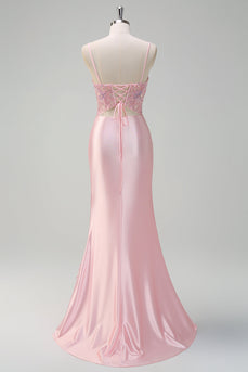 Sequins Light Pink Mermaid Ruched Corset Prom Dress with Slit