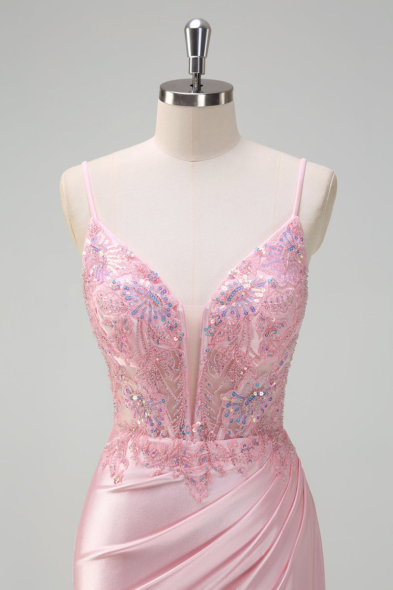 Load image into Gallery viewer, Sequins Light Pink Mermaid Ruched Corset Prom Dress with Slit