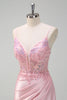 Load image into Gallery viewer, Sequins Light Pink Mermaid Ruched Corset Prom Dress with Slit