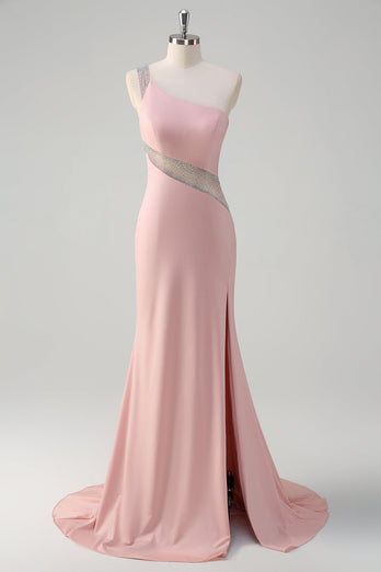 Light Pink Mermaid One Shoulder Beaded Satin Long Prom Dress with Slit