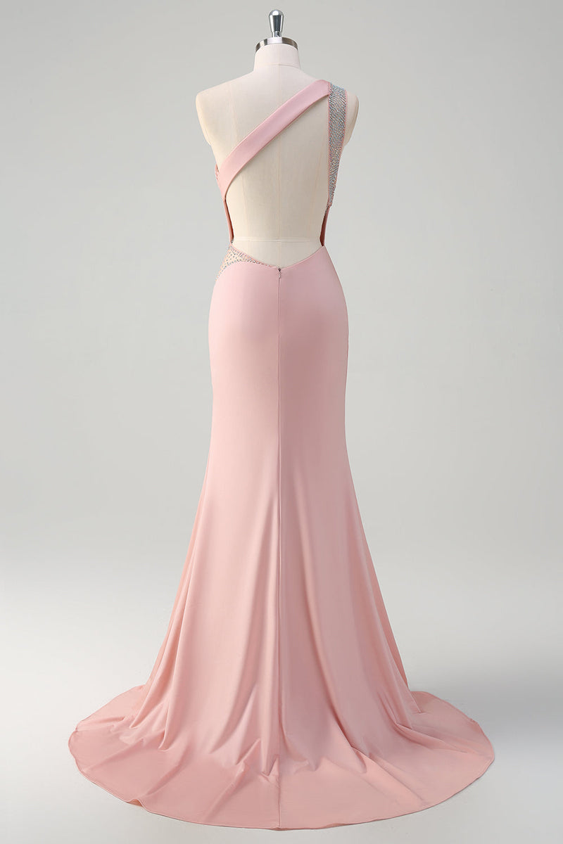 Load image into Gallery viewer, Light Pink Mermaid One Shoulder Beaded Satin Long Prom Dress with Slit