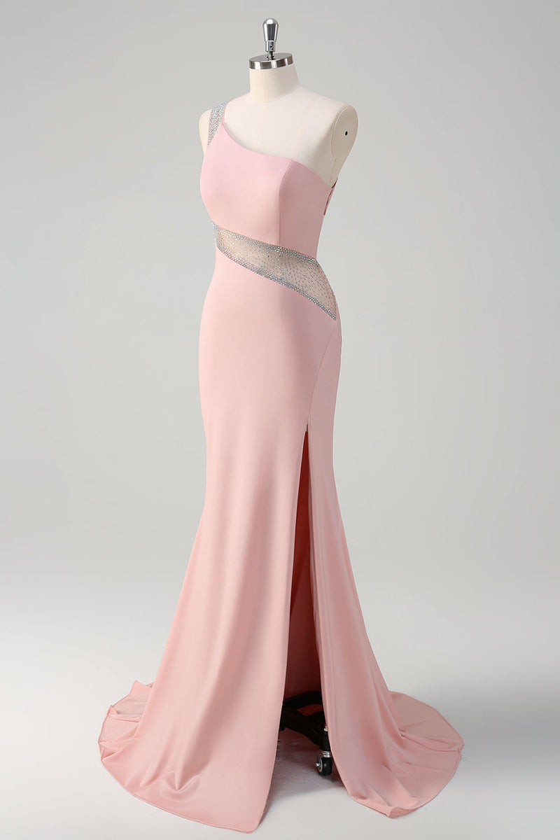 Load image into Gallery viewer, Light Pink Mermaid One Shoulder Beaded Satin Long Prom Dress with Slit