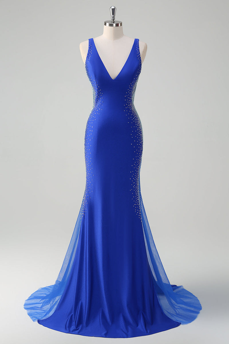 Load image into Gallery viewer, Royal Blue Mermaid V Neck Beaded Satin Long Prom Dress