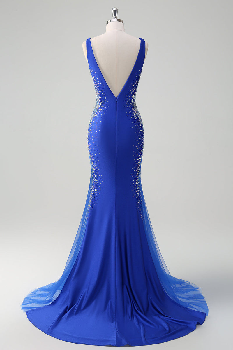 Load image into Gallery viewer, Royal Blue Mermaid V Neck Beaded Satin Long Prom Dress