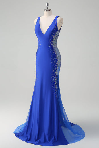 Royal Blue Mermaid V Neck Beaded Satin Long Prom Dress