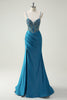 Load image into Gallery viewer, Glitter Blue Spaghetti Straps V-Neck Ruched Long Prom Dress with Beading