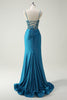 Load image into Gallery viewer, Glitter Blue Spaghetti Straps V-Neck Ruched Long Prom Dress with Beading