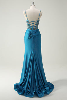 Glitter Blue Spaghetti Straps V-Neck Ruched Long Prom Dress with Beading