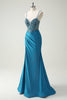 Load image into Gallery viewer, Glitter Blue Spaghetti Straps V-Neck Ruched Long Prom Dress with Beading