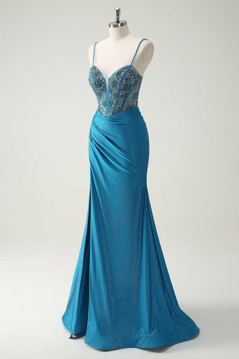 Glitter Blue Spaghetti Straps V-Neck Ruched Long Prom Dress with Beading