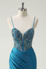 Load image into Gallery viewer, Glitter Blue Spaghetti Straps V-Neck Ruched Long Prom Dress with Beading