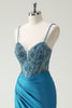 Load image into Gallery viewer, Glitter Blue Spaghetti Straps V-Neck Ruched Long Prom Dress with Beading