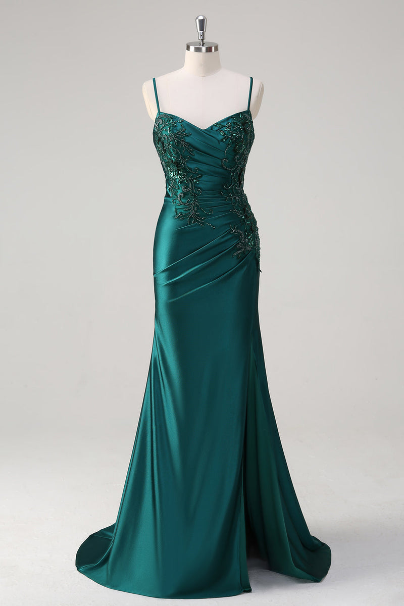 Load image into Gallery viewer, Dark Green Mermaid Spaghetti Straps Prom Dress