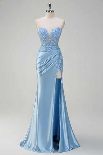 Light Blue Mermaid Strapless Corset Sequin Satin Prom Dress with Slit