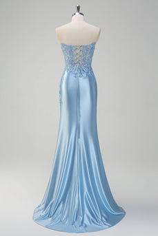 Light Blue Mermaid Strapless Corset Sequin Satin Prom Dress with Slit