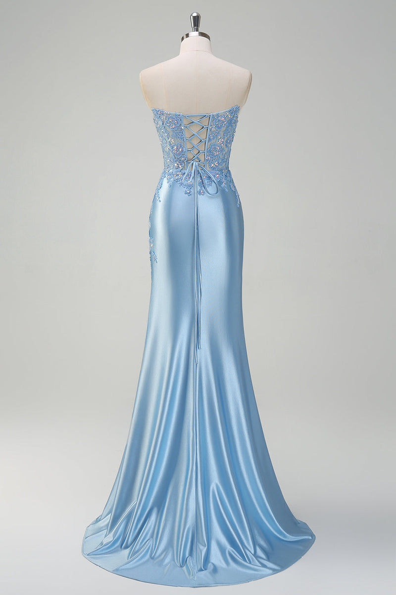 Load image into Gallery viewer, Light Blue Mermaid Strapless Corset Sequin Satin Prom Dress with Slit