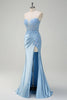 Load image into Gallery viewer, Light Blue Mermaid Strapless Corset Sequin Satin Prom Dress with Slit