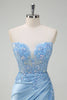 Load image into Gallery viewer, Light Blue Mermaid Strapless Corset Sequin Satin Prom Dress with Slit