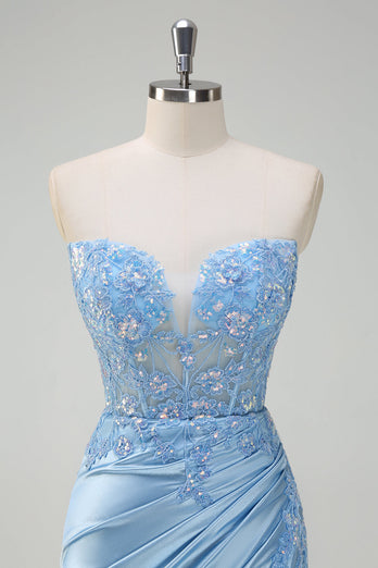 Light Blue Mermaid Strapless Corset Sequin Satin Prom Dress with Slit