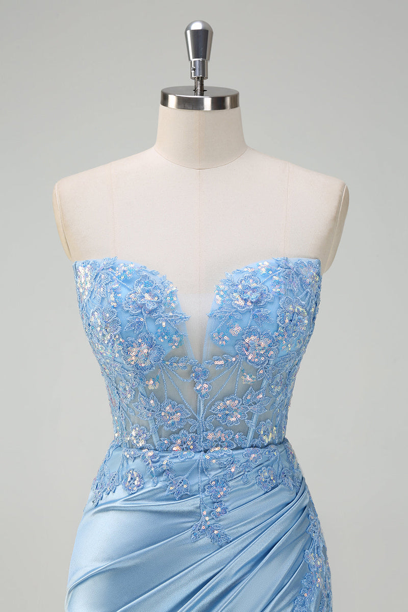 Load image into Gallery viewer, Light Blue Mermaid Strapless Corset Sequin Satin Prom Dress with Slit