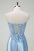 Load image into Gallery viewer, Light Blue Mermaid Strapless Corset Sequin Satin Prom Dress with Slit