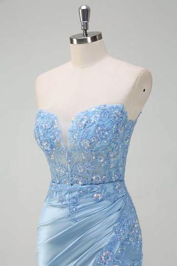 Light Blue Mermaid Strapless Corset Sequin Satin Prom Dress with Slit