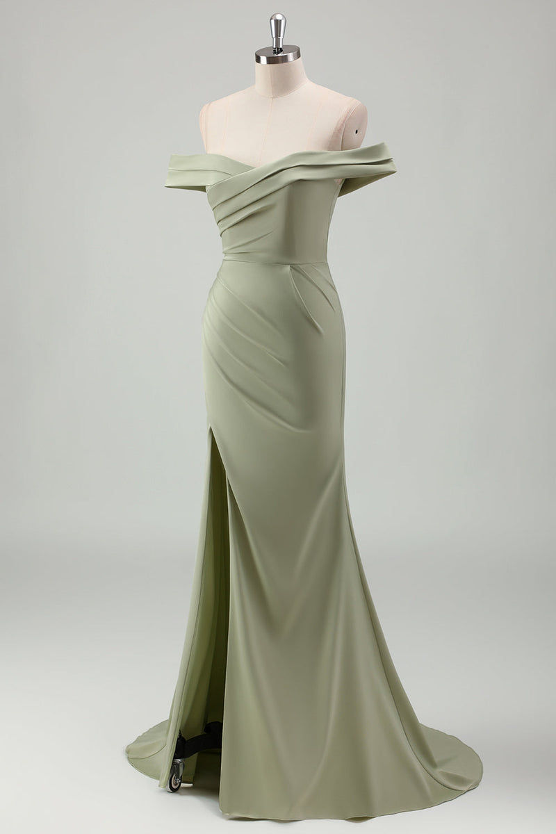 Load image into Gallery viewer, Sage Mermaid Off the Shoulder Ruched Long Prom Dress with Slit