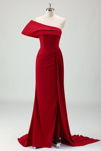 Red Mermaid One Shoulder Pleats Long Bridesmaid Dress with Slit