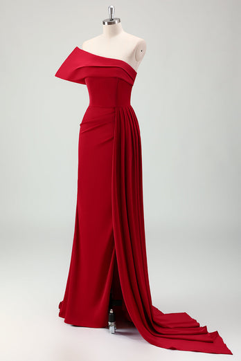 Red Mermaid One Shoulder Pleats Long Bridesmaid Dress with Slit