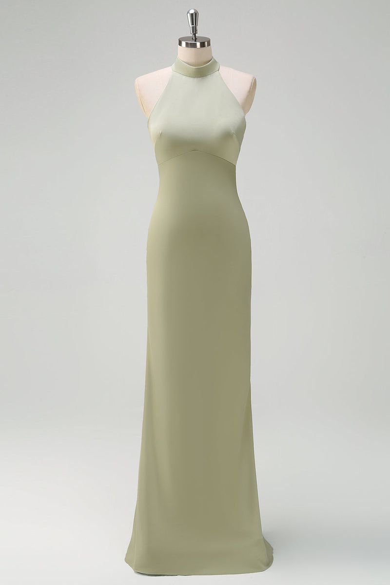 Load image into Gallery viewer, Elegant Sage Halter Sheath Satin Bridesmaid Dress