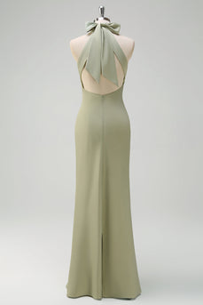 Elegant Sage Halter Sheath Satin Bridesmaid Dress