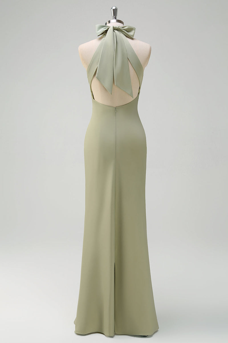 Load image into Gallery viewer, Elegant Sage Halter Sheath Satin Bridesmaid Dress