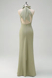 Elegant Sage Halter Sheath Satin Bridesmaid Dress