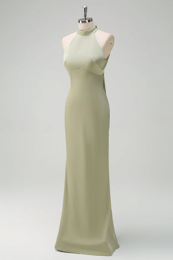 Elegant Sage Halter Sheath Satin Bridesmaid Dress