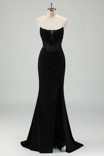 Black Mermaid Strapless Corset Appliqued Long Prom Dress with Slit