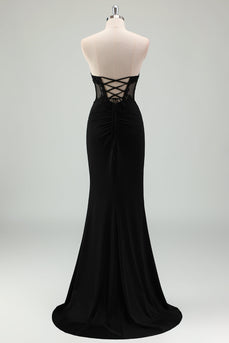 Black Mermaid Strapless Corset Appliqued Long Prom Dress with Slit