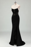 Black Mermaid Strapless Corset Appliqued Long Prom Dress with Slit