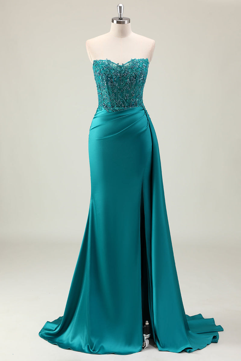 Load image into Gallery viewer, Green Sheath Corset Beaded Long Prom Dress with Appliqued Lace