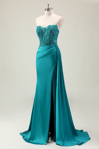 Green Sheath Corset Beaded Long Prom Dress with Appliqued Lace