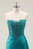 Load image into Gallery viewer, Green Sheath Corset Beaded Long Prom Dress with Appliqued Lace