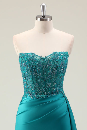 Green Sheath Corset Beaded Long Prom Dress with Appliqued Lace