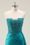 Green Sheath Corset Beaded Long Prom Dress with Appliqued Lace