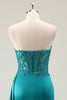 Load image into Gallery viewer, Green Sheath Corset Beaded Long Prom Dress with Appliqued Lace