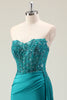 Load image into Gallery viewer, Green Sheath Corset Beaded Long Prom Dress with Appliqued Lace