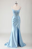 Load image into Gallery viewer, Blue Mermaid Corset Spaghetti Straps Appliqued Long Prom Dress