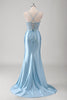 Load image into Gallery viewer, Blue Mermaid Corset Spaghetti Straps Appliqued Long Prom Dress