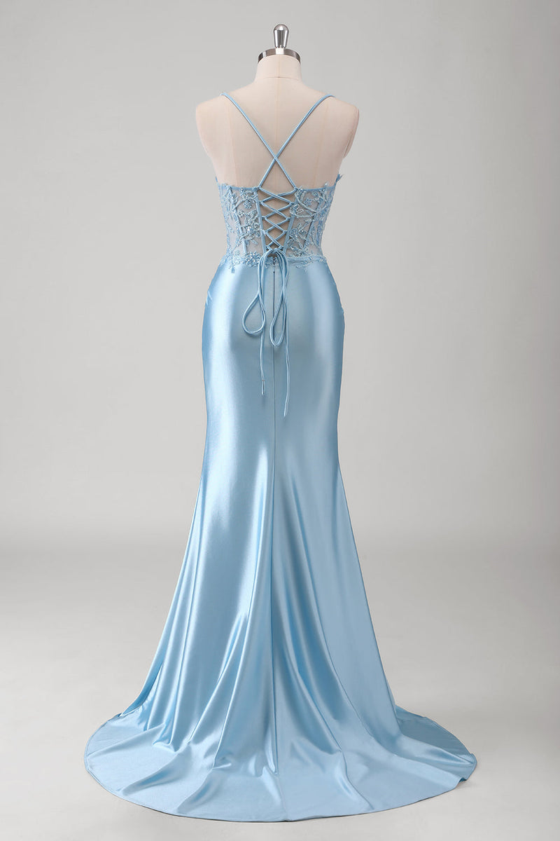 Load image into Gallery viewer, Blue Mermaid Spaghetti Straps Appliqued Long Prom Dress with Slit